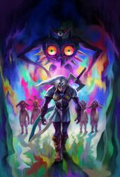  5boys absurdres alternate_form boots facial_mark fierce_deity highres huge_sword link majora&#039;s_incarnation majora&#039;s_mask majora_(entity) mask monster multicolored_background multiple_boys nintendo official_art pointy_ears silver_hair standing the_legend_of_zelda the_legend_of_zelda:_majora&#039;s_mask 