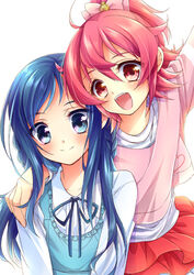  2girls aichi_shiho aida_mana arm_up bad_id bad_pixiv_id blouse blue_eyes blue_hair bow dokidoki!_precure flipped_hair hairbow half_updo hand_on_another&#039;s_shoulder hishikawa_rikka long_hair multiple_girls photoshop_(medium) pink_hair pink_shirt precure red_eyes shirt short_hair skirt smile white_background 