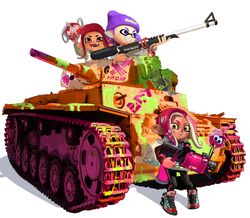  .52_gal_(splatoon) 1boy 2girls :d :o beanie beret commentary doitsuken explosive grenade grenade_launcher grin gun hat holding holding_gun holding_weapon inkling inkling_boy inkling_player_character long_sleeves looking_at_viewer military military_vehicle motor_vehicle multiple_girls octoling octoling_girl octoling_player_character oerba_yun_fang open_mouth paint_splatter pantyhose panzer_iii parted_lips shoes smile sneakers splat_charger_(splatoon) splatoon_(series) splatoon_2 tank weapon 