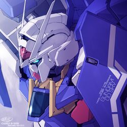  blue_eyes character_name commentary_request dated ebikawa_kanetake english_text gundam gundam_00_sky gundam_build_divers mecha no_humans robot signature 