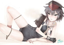  asdj asymmetrical_hair black_hair brown_eyes commentary english_commentary female gloves hair_between_eyes hat headphones i-13_(kancolle) kantai_collection looking_at_viewer lying on_side partially_fingerless_gloves photoshop_(medium) sailor_collar school_swimsuit short_hair single_glove solo swimsuit 