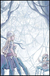  2girls :d arachne arthropod_girl beanie black_border blonde_hair blue_hair border braid breath commentary english_commentary facing_another hands_on_own_hips hat ice karbo long_hair long_sleeves looking_at_another monster_girl multiple_girls multiple_legs open_mouth original outdoors photoshop_(medium) pointing profile shirt short_hair signature silk smile snow spider_girl spider_web striped_clothes striped_shirt taur tree twin_braids very_long_hair winter yellow_eyes 