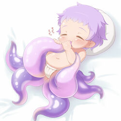  baby closed_eyes commentary_request female full_body monster_girl monugaeru navel original pillow purple_hair scylla simple_background solo tentacle tentacle_in_mouth white_background 