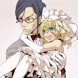  1boy age_difference blonde_hair blunt_bangs erich_von_rerugen female glasses hondarai looking_away short_hair simple_background sweat tanya_degurechaff wedding_dress youjo_senki 