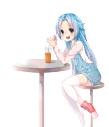  bad_id bad_pixiv_id blue_eyes blue_hair cross-laced_footwear female glass haiyore!_nyaruko-san highres juice long_hair long_sleeves open_mouth personification rima_(rimarip) shantak_(nyaruko-san) shoes single_shoe sitting solo table thighhighs very_long_hair white_background white_thighhighs 