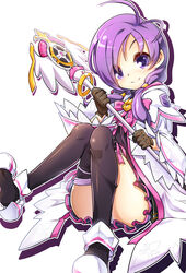  ahoge aisha_landar bad_id bad_pixiv_id black_thighhighs bow brooch coat elemental_master_(elsword) elsword female full_body gloves holding holding_wand jewelry panties pink_bow poseich purple_eyes purple_hair purple_skirt ribbon shoes short_hair skirt smile solo staff thighhighs underwear wand white_background white_panties 