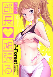  bike_shorts breasts cover cover_page doujin_cover female gundam gundam_build_fighters gundam_build_fighters_try highres hoshino_fumina hozumi_takashi large_breasts long_hair midriff ponytail solo underboob 