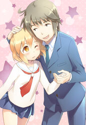  1boy :d blush commentary_request female hair_between_eyes headpat holding_hands kotoura-san kotoura_haruka manabe_yoshihisa necktie one_eye_closed open_mouth orange_eyes orange_hair photoshop_(medium) pleated_skirt school_uniform serafuku short_hair skirt smile star_(symbol) touyama_sabu 