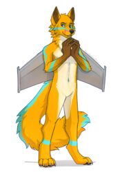  4_toes 5_fingers anthro arm_markings arm_tuft big_tail biped black_nose bloodsoakedsnow blue_eyes blue_markings brown_pawpads canid canine cheek_tuft claws countershade_torso countershading elbow_tuft eyebrows facial_markings facial_tuft fangs featureless_crotch feet fingers fox full-length_portrait fur gesture gloves_(marking) head_markings hi_res inner_ear_fluff leg_markings looking_at_viewer male mammal markings mechanical_wings multicolored_body multicolored_fur navel nude open_mouth open_smile pawpads portrait shadow signature simple_background smile solo standing steepled_fingers tail tail_markings teeth toe_claws toes tuft two_tone_body two_tone_fur veb_(s451m) white_background white_body white_fur wings yellow_body yellow_fur yellow_tail 