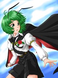  antennae armband belt blue_sky cape cape_tug cloud commentary_request dress_shirt earrings female floating_cape flower green_eyes green_hair jewelry lips long_sleeves looking_away looking_back necktie parted_lips red_flower red_rose rose shirt short_hair shorts single_earring sky soarer_limited solo touhou wind wind_lift wriggle_nightbug 