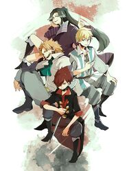  3boys alfonso_san_valiante bad_id bad_pixiv_id beard belt blonde_hair boots bow coat cousins elbow_gloves emma_guzman facial_hair father_and_son female garo:honoo_no_kokuin garo_(series) german_luis gloves green_hair highres itumu leon_luis long_hair multiple_boys orange_hair ponytail purple_eyes red_eyes red_hair short_hair smile spiked_hair sword trench_coat vest weapon 