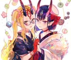  2girls bob_cut commentary_request dango facial_mark fate/grand_order fate_(series) fingernails food fuzichoco glasses highres holding_hands horns ibaraki_douji_(dress_for_demons)_(fate) ibaraki_douji_(fate) japanese_clothes kimono multiple_girls oni pointy_ears purple_hair sanshoku_dango sharp_fingernails shuten_douji_(dress_for_demons)_(fate) shuten_douji_(fate) skin-covered_horns tattoo wagashi yellow_eyes 