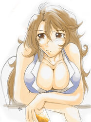  bent_over breasts brown_eyes brown_hair cleavage drink female female gundam gundam_00 huge_breasts long_hair sasami_chikuwa sig_(sotokanda_delta_force) simple_background solo sumeragi_lee_noriega white_background 