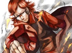  1boy absurdres coat fire foreshortening glasses highres male male_focus matsubusa_(pokemon) matsubusa_(pokemon)_(remake) nintendo pokemon pokemon_(game) pokemon_oras red_hair solo team_magma turtleneck 