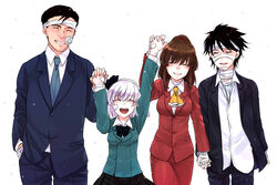  2boys 2girls akaya_(rednight_dd) bandages black_hair brown_hair call_of_cthulhu closed_eyes commentary_request death_note formal hakurei_reimu happy holding_hands inogashira_gorou interlocked_fingers kodoku_no_gourmet konpaku_youmu l_(death_note) multiple_boys multiple_girls necktie spoilers suit tears touhou white_hair yukkuri_youmu_to_hontou_wa_kowai_cthulhu_shinwa 