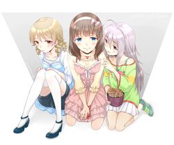  3girls ahoge ankle_strap blue_dress blue_eyes blue_shorts braid brown_eyes brown_hair choker commentary_request dress drill_hair food_print full_body girl_sandwich green_shirt grey_hair hair_ribbon hairband high_heels hoshi_syoko idolmaster idolmaster_cinderella_girls jewelry kurashiki_(kas0) long_hair morikubo_nono multiple_girls mushroom mushroom_print necklace off-shoulder_shirt off_shoulder pink_dress pumps ribbon sakuma_mayu sandwiched shirt short_hair shorts shorts_under_dress single_braid smile thighhighs under_the_desk_(idolmaster) white_thighhighs 