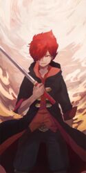  1boy bad_id bad_pixiv_id belt coat fire frown garo:honoo_no_kokuin garo_(series) itumu leon_luis male_focus red_eyes red_hair solo spiked_hair sword trench_coat weapon 