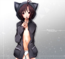  animal_ears antenna_hair brown_hair cat_ears character_name collarbone commentary_request female fulunukko hood idolmaster idolmaster_(classic) jacket kikuchi_makoto long_sleeves navel no_bra no_pants panties pink_eyes short_hair solo underwear white_panties 