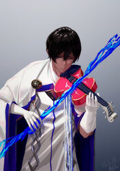  1boy arjuna_(fate) artist_name asil black_eyes black_hair bow bow_(music) cloak closed_mouth commentary_request dark-skinned_male dark_skin fate/grand_order fate_(series) gloves highres instrument male_focus pouring shirt simple_background solo standing violin water weapon white_cloak white_gloves white_shirt 