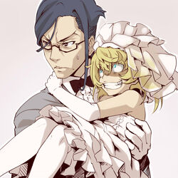  1boy blonde_hair blue_eyes blue_hair bridge carrying commentary crazy_eyes crazy_smile dress erich_von_rerugen female glasses gloves groom hondarai husband_and_wife pantyhose princess_carry rape_face smile straight tanya_degurechaff tuxedo wedding wedding_dress youjo_senki 