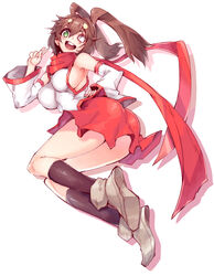  ass bare_shoulders black_socks boots breasts brown_eyes commentary_request detached_sleeves eyepatch female full_body green_eyes hand_on_own_hip highres ikuse_ayane large_breasts looking_at_viewer open_mouth scarf sideboob simple_background smile socks solo teeth vanguard_princess white_background whoosaku 