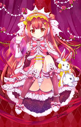  beatmania_iidx commentary_request female hinata_momo long_hair looking_at_viewer panties red_eyes red_hair sitting smile solo stuffed_animal stuffed_rabbit stuffed_toy tiara umegiri_ameto underwear white_panties 