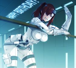  bent_over bodysuit breasts commentary_request dirty dirty_face female gloves grin hair_over_one_eye large_breasts looking_at_viewer ponytail red_eyes red_hair sakuma_tsukasa sasaki_(sidonia_no_kishi) sidonia_no_kishi smile solo teeth white_gloves 