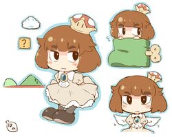  ?_block black_legwear brooch brown_eyes brown_hair bush cloud commentary_request crown dress fang_out female goomba&#039;s_shoe hanomido jewelry mario_(series) mountain multiple_views new_super_mario_bros._u_deluxe oerba_yun_fang pink_dress princess_goomba short_hair signature super_crown super_mario_bros._3 thick_eyebrows wings 