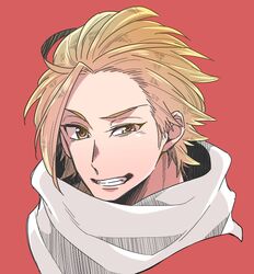  1boy arthur_pendragon_(nanatsu_no_taizai) bad_id bad_pixiv_id blonde_hair male_focus nanatsu_no_taizai portrait raurii red_background scarf solo teeth yellow_eyes 