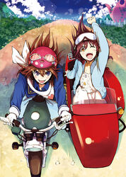  2girls :d ;d bad_id bad_pixiv_id blue_eyes bonkara_(sokuseki_maou) brown_eyes brown_hair dress goggles goggles_on_head helmet jacket long_hair moritomo_nozomi motor_vehicle motorcycle motorcycle_helmet multiple_girls one_eye_closed open_mouth scarf sidecar smile the_rolling_girls utoku_masami wind_turbine 