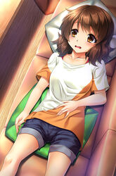  bad_id bad_pixiv_id brown_eyes brown_hair casual couch denim denim_shorts female floor from_above hand_on_own_stomach hibike!_euphonium lying noshimasa open_mouth oumae_kumiko photoshop_(medium) pillow shirt short_hair shorts solo t-shirt table wavy_mouth 