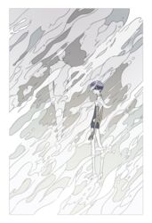  1boy 1other aechmea_(houseki_no_kuni) androgynous back blue_hair commentary_request fog golden_arms houseki_no_kuni looking_at_viewer phosphophyllite phosphophyllite_(ll) short_hair spoilers toooka torn_clothes white_hair 