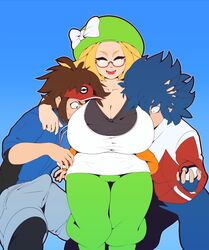  2boys arm_around_neck bel_(pokemon) beret blonde_hair blue_background blue_hair blue_jacket blue_pants bow breasts brown_eyes brown_hair cleavage closed_eyes collarbone erection erection_under_clothes female glasses green_hat green_pants hand_on_another&#039;s_head hand_up hat hat_bow highres holding holding_poke_ball hue_(pokemon) huge_breasts jacket kyouhei_(pokemon) long_sleeves matching_hair/eyes multiple_boys mystical open_mouth outline pants poke_ball pokemon pokemon_(game) pokemon_bw2 red-framed_eyewear red_jacket shirt short_hair short_sleeves shorts simple_background smile standing sweat teeth white_bow white_shirt zipper 