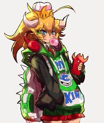  ahoge backpack bad_id bad_twitter_id bag blonde_hair blowing_bubbles blue_eyes blue_shell_(mario) bowsette cellphone chewing_gum commentary contemporary cowboy_shot english_commentary female gurepyon hair_ornament hairclip hand_in_pocket headphones headphones_around_neck highres hood hoodie horns mario_(series) mario_kart mario_kart_64 nail_polish necktie new_super_mario_bros._u_deluxe phone pleated_skirt ponytail print_hoodie signature skirt smartphone solo super_crown thick_eyebrows wing_collar 