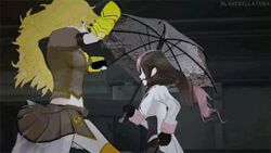  2girls 3d animated animated battle blonde_hair gloves hand_on_hip lowres multicolored_hair multicoloured_hair multiple_girls neo_(rwby) punching rwby smile umbrella yang_xiao_long 