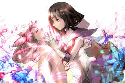  2girls back_bow bishoujo_senshi_sailor_moon bishoujo_senshi_sailor_moon_s black_hair bow brooch brown_bow chibi_usa choker closed_eyes commentary_request cone_hair_bun double_bun elbow_gloves gloves hair_bun jewelry light_smile magical_girl multiple_girls naked_ribbon nal_(nal&#039;s_pudding) nude photoshop_(medium) pink_hair pleated_skirt purple_eyes purple_sailor_collar purple_skirt ribbon sailor_collar sailor_saturn sailor_senshi_uniform short_hair skirt star_(symbol) star_brooch star_choker tiara tomoe_hotaru twintails unconscious white_gloves 