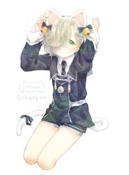  1boy animal_ears bad_id bad_pixiv_id bell bow buttons cat_day cat_ears collared_shirt commentary_request dated double-breasted dress_shirt fake_animal_ears fake_tail flower_knot full_body gokotai hair_over_one_eye highres long_sleeves male_focus military military_uniform narina necktie pale_color seiza shirt short_shorts shorts silver_trim single_horizontal_stripe sitting solo tail tassel touken_ranbu twitter_username uniform white_hair white_shirt wing_collar yellow_eyes 