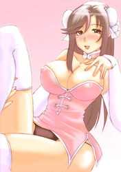  bare_shoulders black_panties breasts brown_eyes brown_hair chinese_clothes covered_nipples curvy detached_sleeves erect_nipples female female hair_bun huge_breasts legs long_hair panties sasami_chikuwa sig_(sotokanda_delta_force) simple_background sitting solo thighhighs underwear white_legwear white_thighhighs 