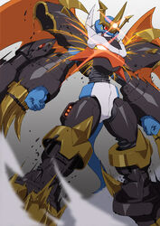  armor buckle cannon claws commentary_request digimon digimon_(creature) digimon_adventure_02 glowing glowing_eyes horns imperialdramon imperialdramon_fighter_mode monster no_humans red_eyes sasasi shoulder_pads solo sparks spikes tail white_hair wings 