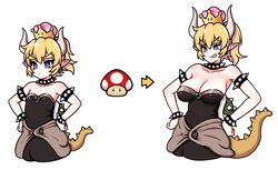  :&lt; age_progression aged_down armlet arrow_(symbol) bare_shoulders black_dress blonde_hair blue_eyes bowsette bracelet breasts collar collarbone commentary crown dress earrings eron female flat_chest forked_eyebrows gem grin hair_between_eyes hands_on_own_hips highres horns jewelry large_breasts mario_(series) mushroom new_super_mario_bros._u_deluxe pointy_ears ponytail sharp_teeth short_hair smile smug spiked_armlet spiked_bracelet spiked_collar spiked_tail spikes strapless strapless_dress super_crown super_mushroom tail teeth turtle_shell 