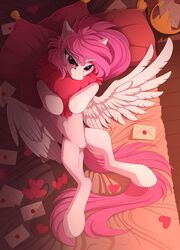  2017 alicorn bed best_princess crown equid equine feathers female feral friendship_is_magic fur furniture hair hasbro headgear heart_symbol hi_res horn letter looking_at_viewer lying mammal my_little_pony mythological_creature mythological_equine mythology nude on_back pillow pink_hair pink_tail purple_eyes royalty smile solo spread_legs spreading tail tiara unicorn_horn white_body white_feathers white_fur wings yakovlev-vad young 