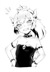  ^^^ aged_down armlet bad_id bad_twitter_id bare_shoulders blush bowsette bracelet breasts collar collarbone commentary cropped_torso crown dress earrings fangs female gem greyscale grin hair_between_eyes hands_on_own_hips head_tilt high_ponytail highres horns jewelry little_mare looking_at_viewer mario_(series) medium_hair monochrome new_super_mario_bros._u_deluxe parted_bangs pointy_ears ponytail raised_eyebrows sharp_teeth simple_background small_breasts smile solo spiked_armlet spiked_bracelet spiked_collar spiked_shell spikes strapless strapless_dress super_crown tail teeth turtle_shell upper_body 