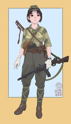  belt between_breasts breasts brown_eyes brown_hair cigarette commentary_request female garrison_cap gloves gun hachimaki handgun hat headband highres holding holding_gun holding_weapon holster imperial_japanese_army katana m1911 md5_mismatch military military_uniform original puttee sheath sheathed short_hair short_sleeves simple_background sino_(mechanized_gallery) solo strap strap_between_breasts submachine_gun sword type_100_smg uniform watch weapon white_gloves world_war_ii wristwatch 