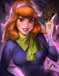  banned_artist daphne_ann_blake hairband headband lipgloss lips lipstick long_hair long_sleeves looking_at_viewer makeup nail_polish open_mouth orange_hair purple_eyes sakimichan scarf scooby-doo smile solo 