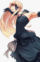  armpits bangs black_dress black_gloves blindfold blonde_hair blunt_bangs borrowed_character brown_eyes commentary disembodied_head dress dullahan elbow_gloves english_commentary gino gloves grey_background highres long_dress long_hair looking_at_viewer one_eye_covered original outstretched_arms parted_lips simple_background solo spread_arms 