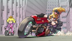  2girls akira_(manga) armlet biker_clothes biker_peach bikesuit blonde_hair blue_eyes bodysuit boots bowsette bracelet building collar commentary_request crown d: dress earrings electricity food frills fruit gloves grin hair_between_eyes hair_ribbon horns jewelry jitome kaneda_shoutarou&#039;s_bike lamppost mario_(series) mario_kart mario_kart_wii motor_vehicle motorcycle multiple_girls mushroom new_super_mario_bros._u_deluxe open_mouth princess_peach race_vehicle racing_suit ribbon sash scarf shio_no.9 smile solid_circle_eyes spiked_armlet spiked_bracelet spiked_collar spikes star_(symbol) strapless strapless_dress super_crown thighhighs 