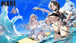  bikini black_hair blush bra breasts cleavage collar goddess_of_victory:_nikke hair_ornament highres huge_breasts jackal_(nikke) long_hair multicolored_hair ocean official_alternate_costume official_art open_mouth pinkmill red_eyes rosanna_(chic_ocean)_(nikke) rosanna_(nikke) shirt smile split-color_hair swimsuit thighs underwear viper_(nikke) viper_(shine_of_love)_(nikke) white_bra white_shirt 