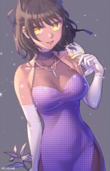  animal_ears black_hair blake_belladonna bow breasts cat_ears dress female hairbow highres jewelry kio_rojine looking_at_viewer necklace purple_dress rwby smile solo yellow_eyes 