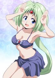  blue_eyes breasts circlet cleavage female green_hair haou_taikei_ryuu_knight long_hair looking_at_viewer navel open_mouth paffy_pafuricia ponzu_rui smile solo swimsuit very_long_hair 