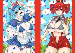  2girls aqua_hair black_eyes blue_hair blue_panties bra breasts cleavage closed_mouth confetti cowboy_shot drill_hair earmuffs hat hatsune_miku highres kasane_teto large_breasts long_hair looking_at_viewer mesmerizer_(vocaloid) multiple_girls open_mouth outdoors panties red_eyes red_hair red_hat red_shorts sharp_teeth short_sleeves shorts sidelocks striped_bra striped_clothes suspenders teeth tongue tongue_out twin_drills underwear utau vocaloid washiwa 